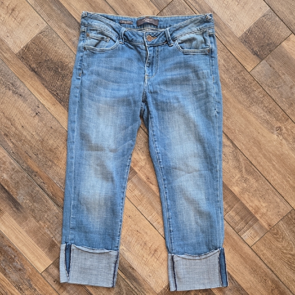 The Limited Boyfriend Jeans Size 6R Stretch Blue Denim Cuffed Slit Hem
